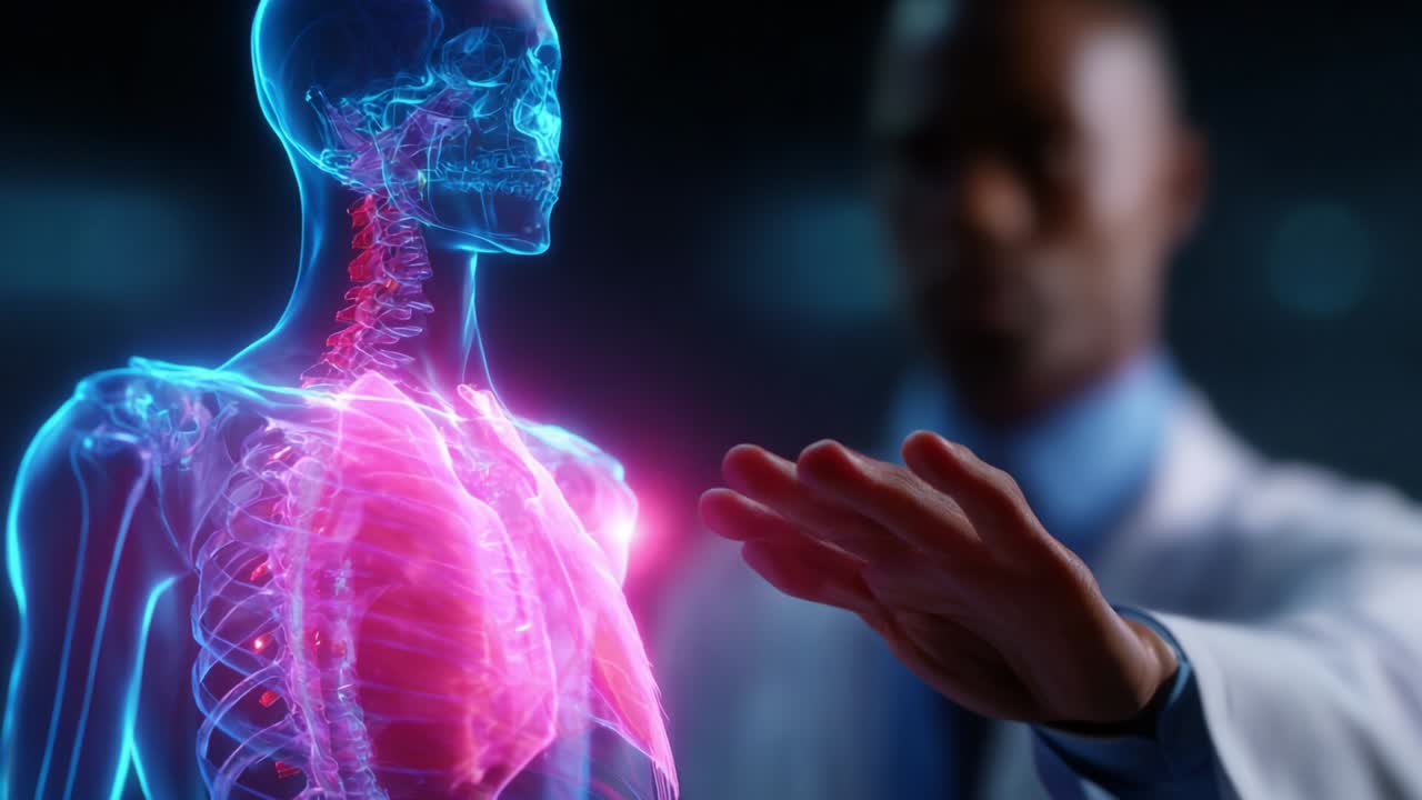 Exploring the Intricate Details of the Human Anatomy: A Medical Professional Engaging with a Holographic Representation of the Skeletal and Cardiovascular Systems in a High-Tech Environment