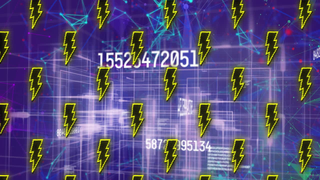 번개와 네트워크 연결의 애니메이션과 그리드 및 데이터 처리