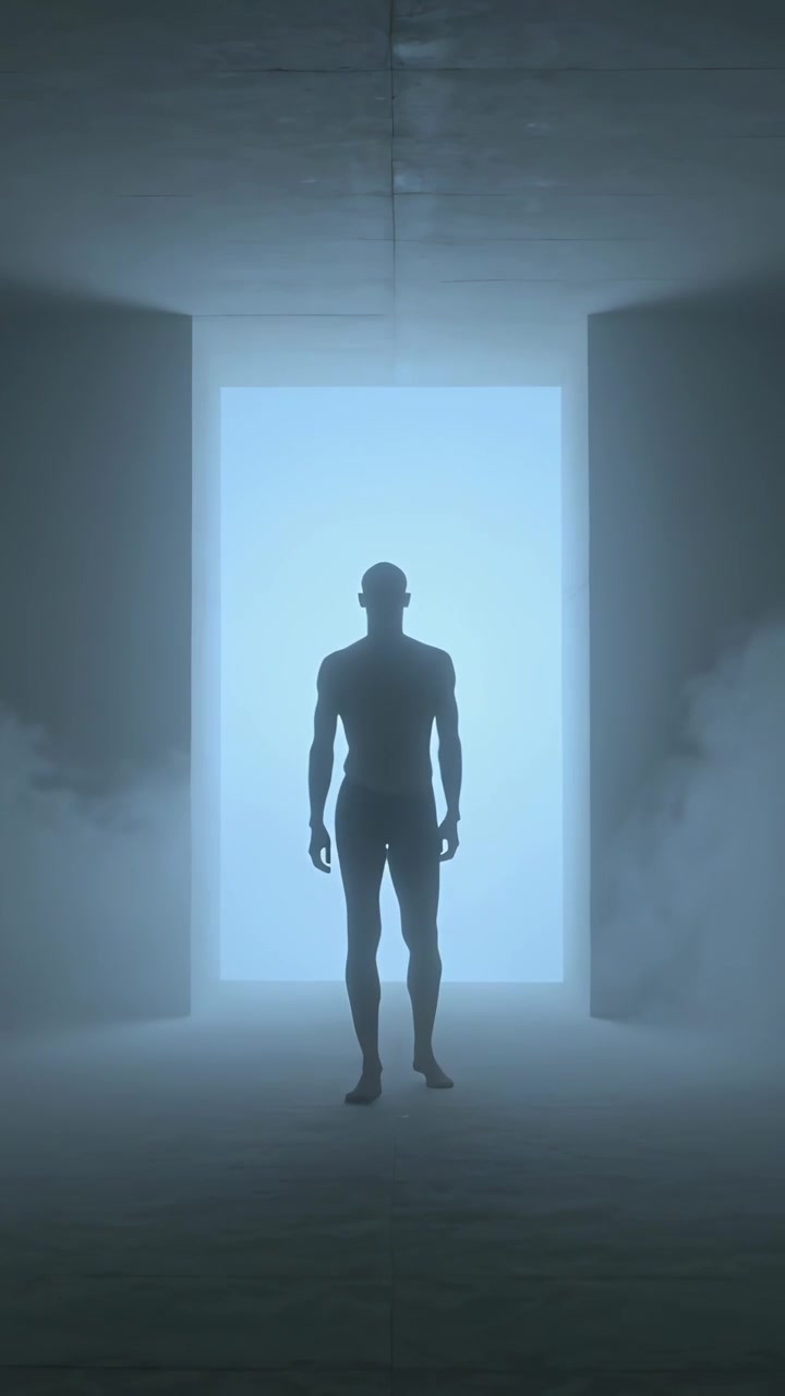 Video verticale: Uomo che cammina si muove da una luce intensa entrando in una sala, fermandosi di fronte alla telecamera con nebbia.