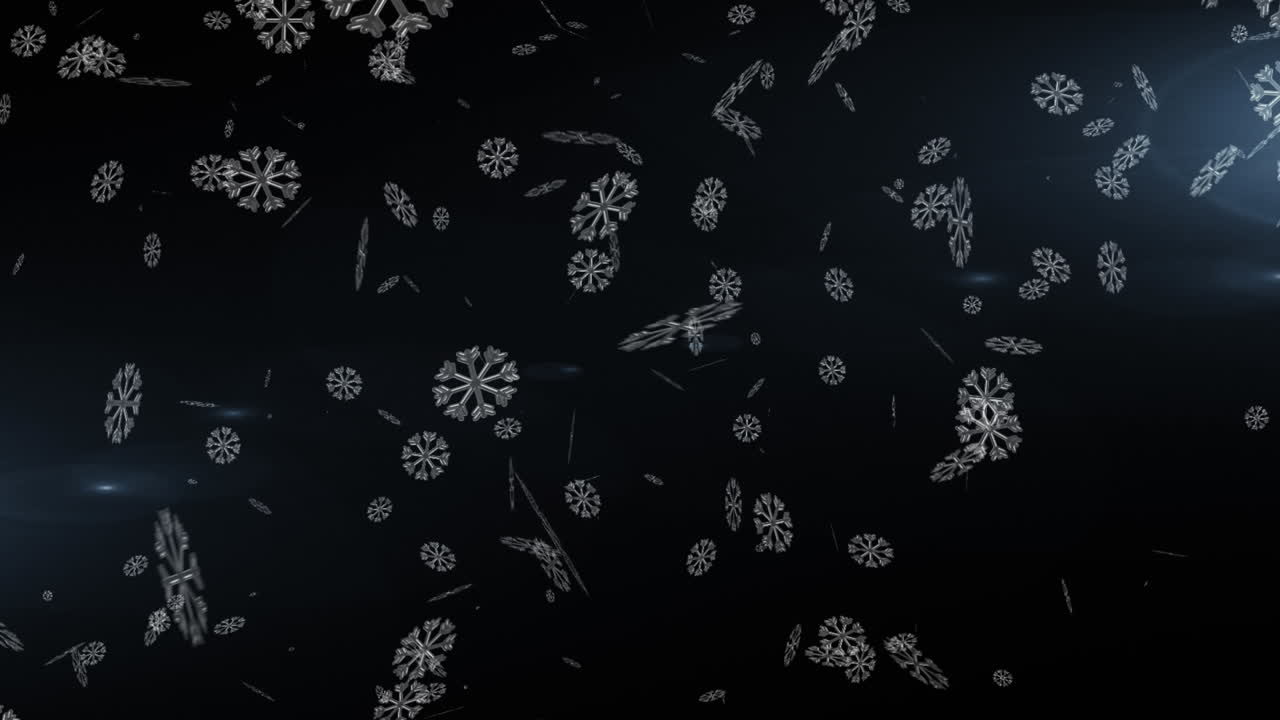 Animation of snowflakes and fireworks over dark background