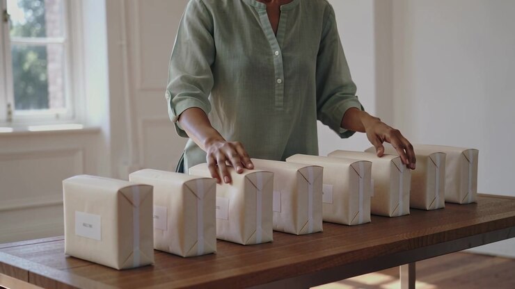 Placing hands, woman aligning packages on wooden table in studio for shipping, wearing green blouse