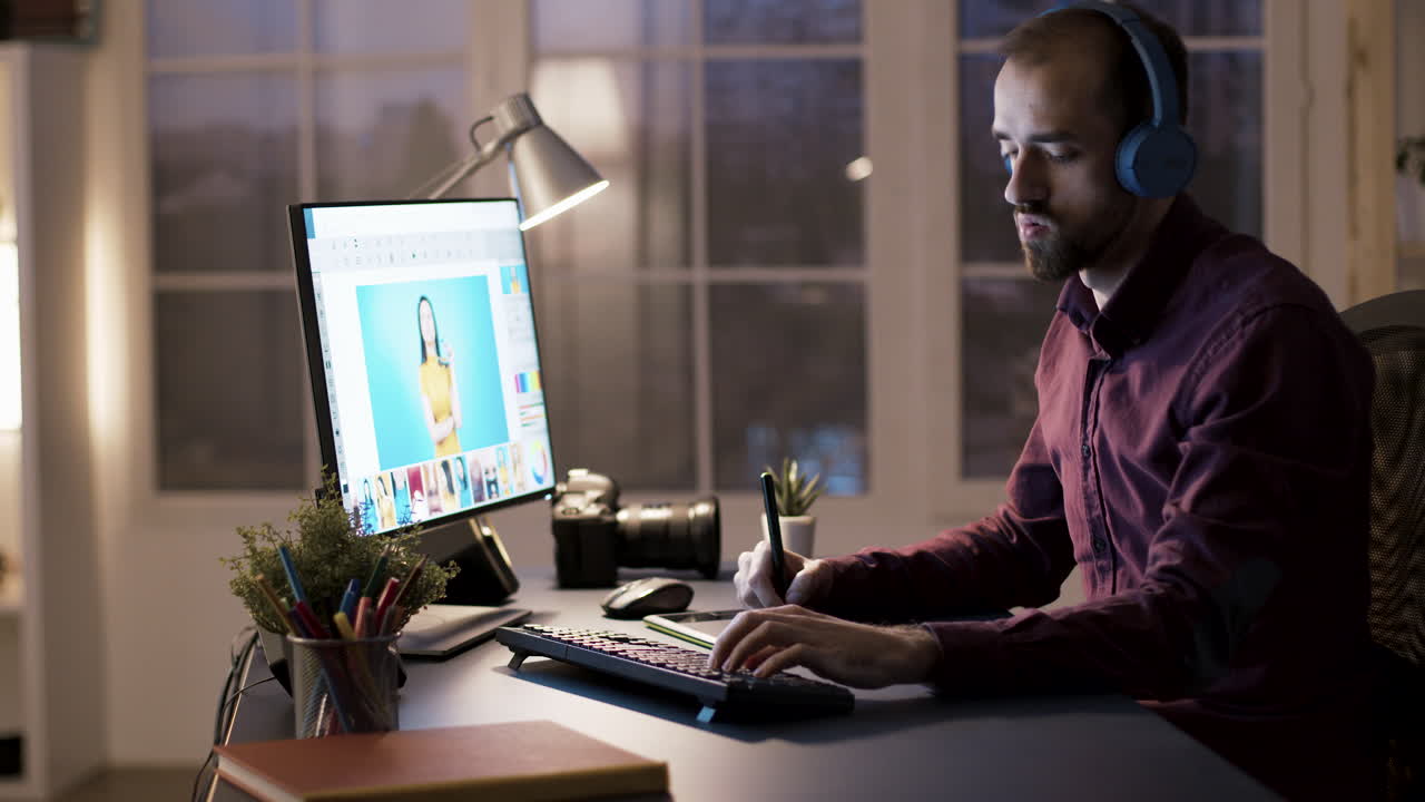 Photographer editing photos on computer at desk