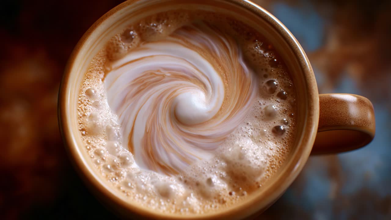 Primo piano di panna che si mescola in una tazza di caffè, creando un'immagine accattivante con texture ricche e sfumature di marrone, che mette in risalto la freschezza e l'aroma