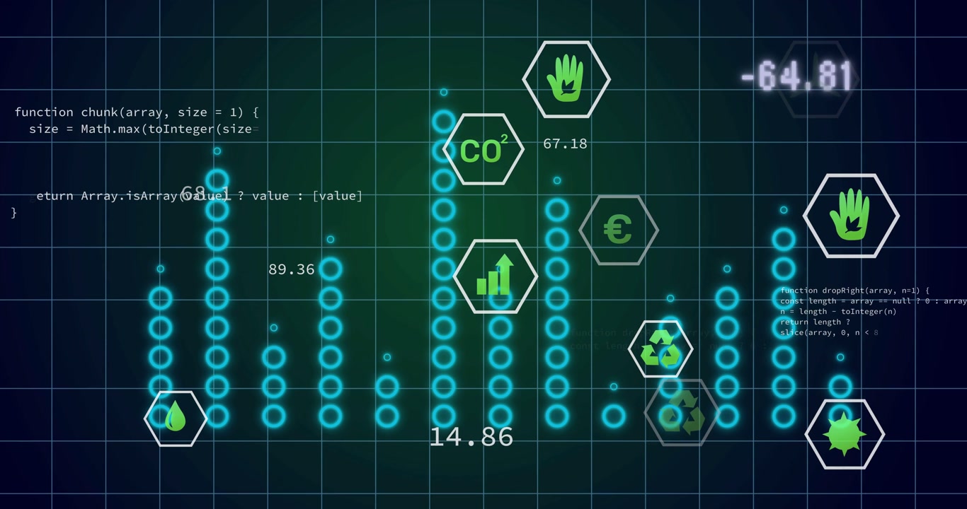 Eco dashboard unfolding on teal grid, data updating readouts as nodes rising and hex icons aligning