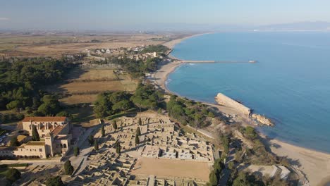 aerial images of the greek roman ruins of ampurias in costa brava girona recorded with drone roman archeology