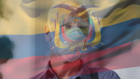 animación de la bandera de ecuador ondeando sobre un hombre caucásico con máscara facial en la calle de la ciudad