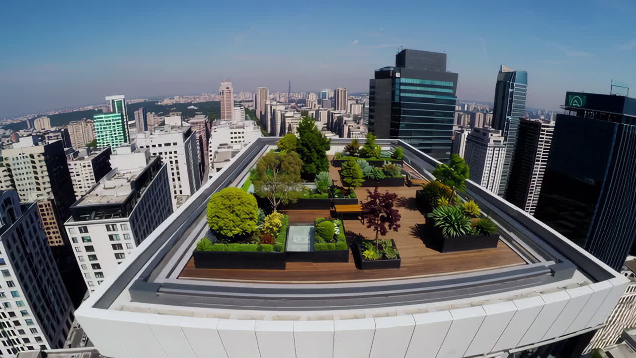 Jardim urbano no telhado com vista para a cidade