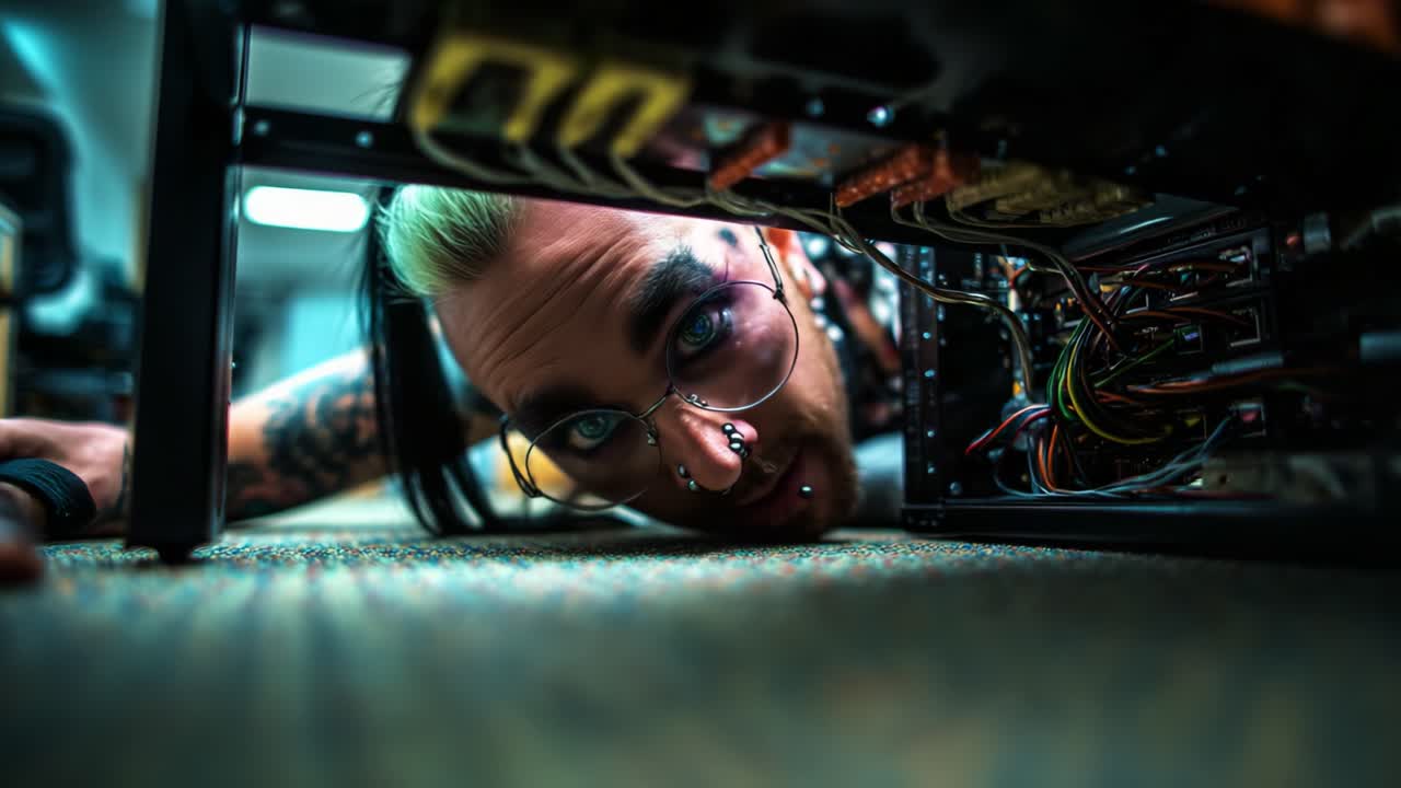 An Intriguing Exploration of Technology: A Person Investigating Complex Wiring and Hardware Beneath a Desk, Highlighting Curiosity and Passion for Electronics in a Unique Perspective