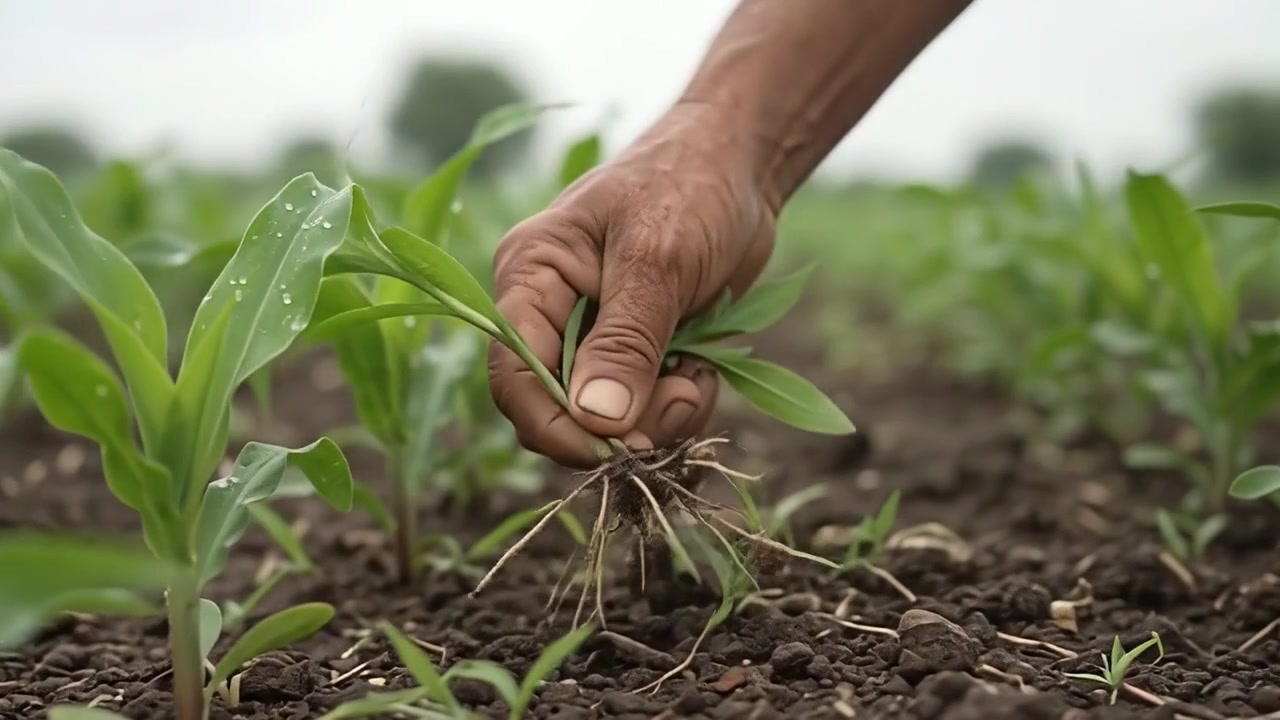 Agricultor Removendo Ervas Daninhas do Solo em um Campo de Milho
