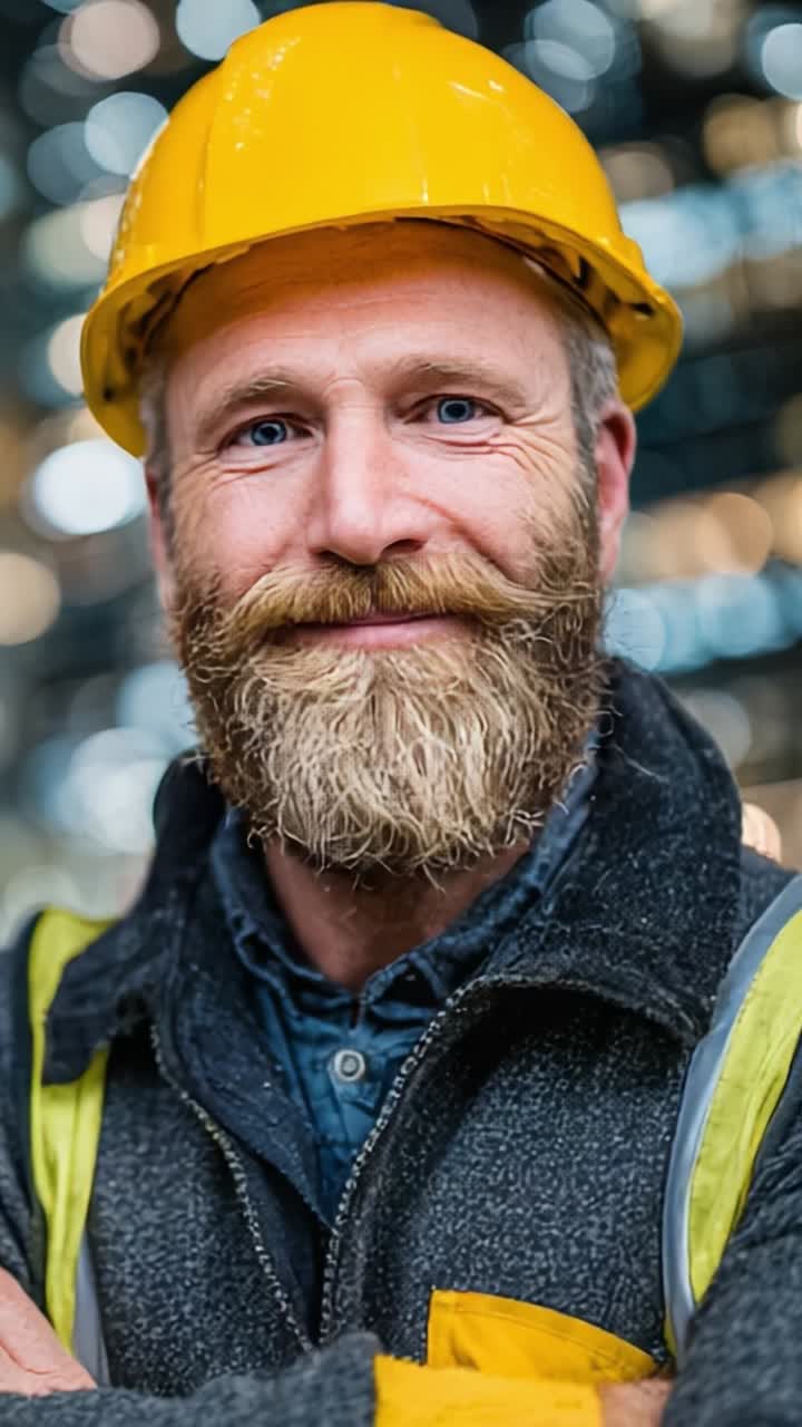 Confident Construction Worker with Protective Hard Hat Smiling at Camera, Showcasing Safety and Professionalism in a Dynamic Construction Environment
