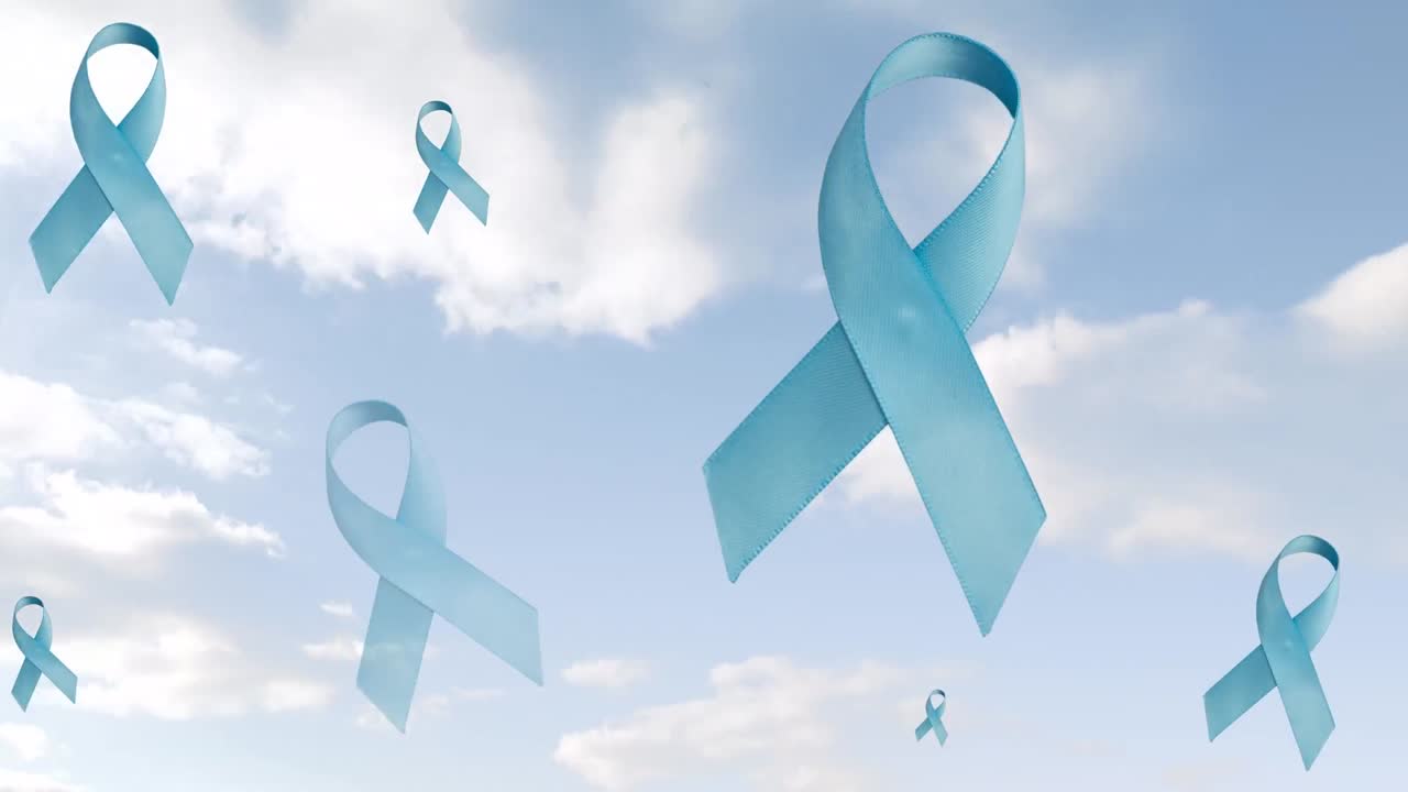 구름진 하늘 위에 파란 리본의 애니메이션