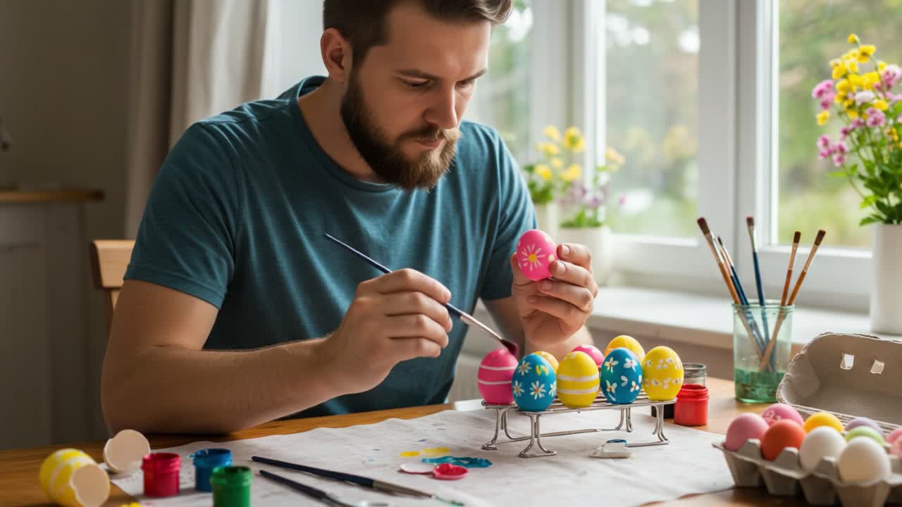 A Creative Moment: A Man Delicately Painting Colorful Easter Eggs at a Sunlit Table Surrounded by Art Supplies and Floral Accents