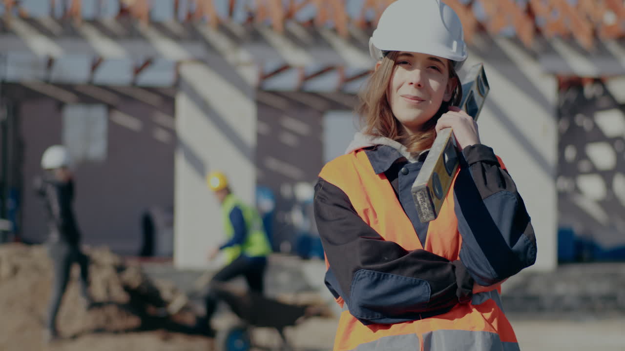 Portrait of confident young female supervisor wearing hardhat and reflective clothing carrying level tool on shoulder while standing at construction site
