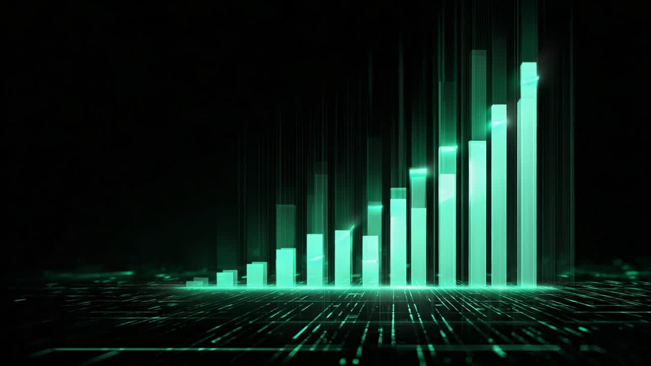 Glowing green bar chart representing financial data growth and business success, moving upwards on a futuristic digital grid background, symbolizing progress, investment, and market analysis