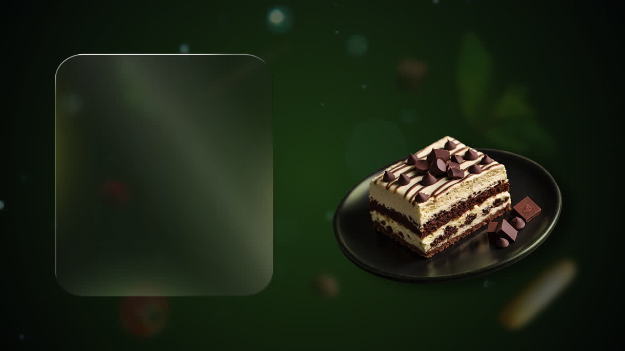 Chocolate chips Tiramisu dessert Animation food commercial with modern flow – includes a glowing glass board for any promo, menu name or logo