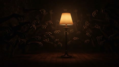 a haunting journey from darkness to illumination: the transformation of a solitary lamp that casts light into a shadowy realm filled with ominous hands reaching out in desperation