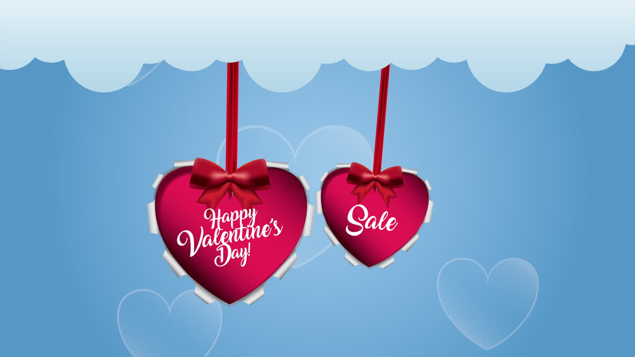 발렌타인 데이 애니메이션 카드와 심장이 매달려 있습니다.