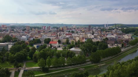 aerial establishing shot over river ostravice to medieval city ostrava
