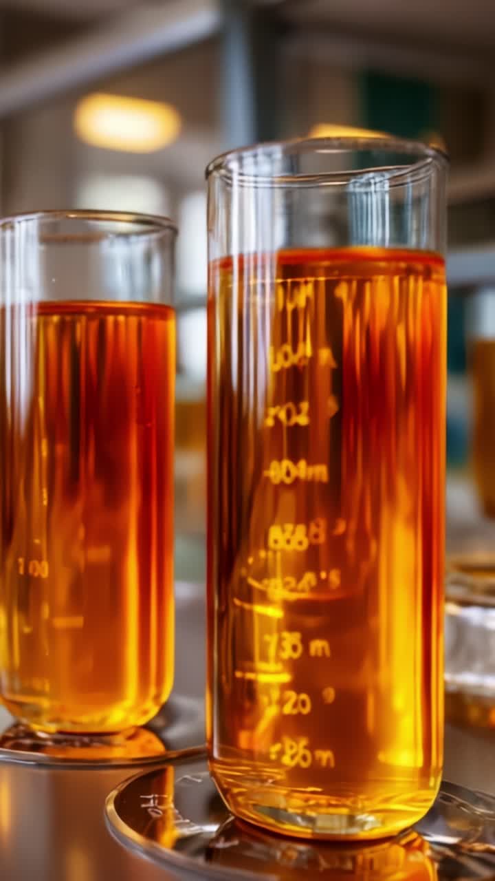 Vetreria da laboratorio cristallina che mostra misurazioni di liquidi dai colori vivaci in diversi cilindri graduati, con particolare attenzione alla precisione scientifica e alla sperimentazione