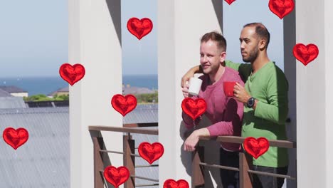 animation of heart icons over diverse gay couple embracing