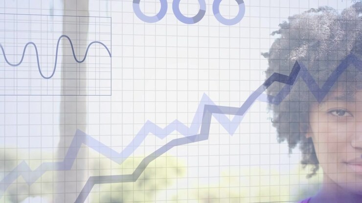 Woman by window observing data dashboard shifting to analysing, showing trend via line, bar charts