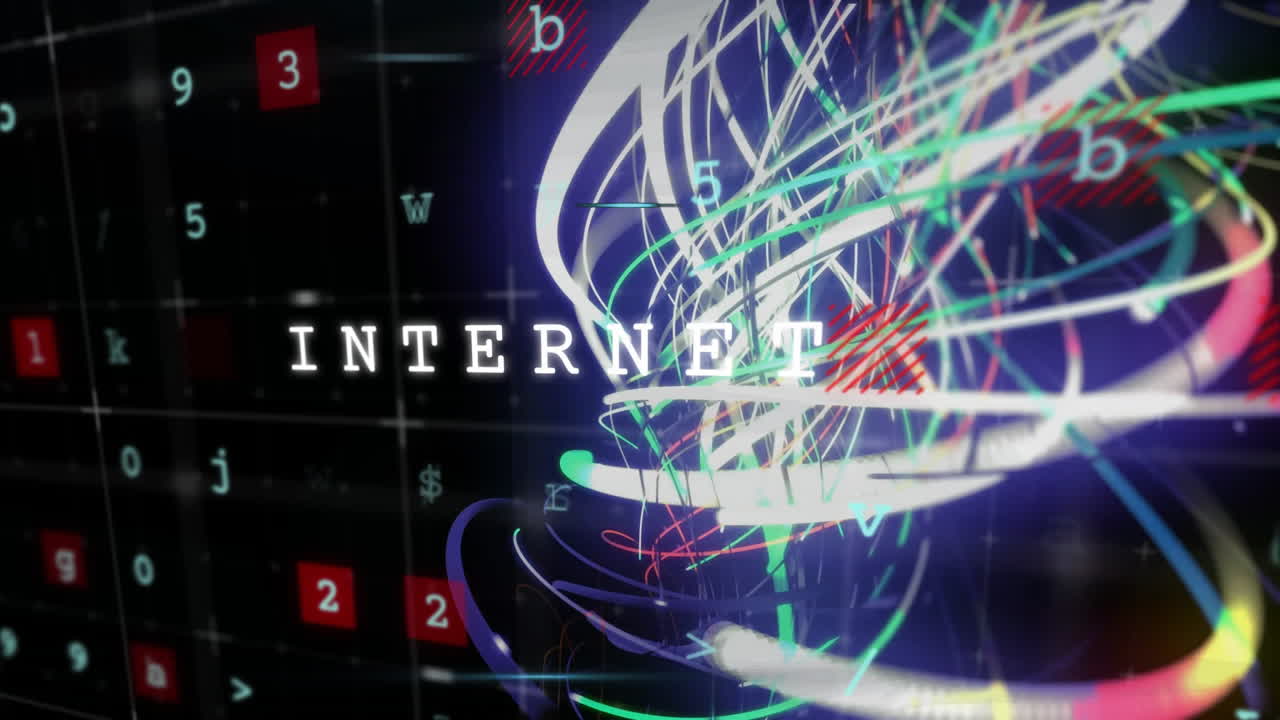 Internet text over abstract digital data and colorful light trails animation