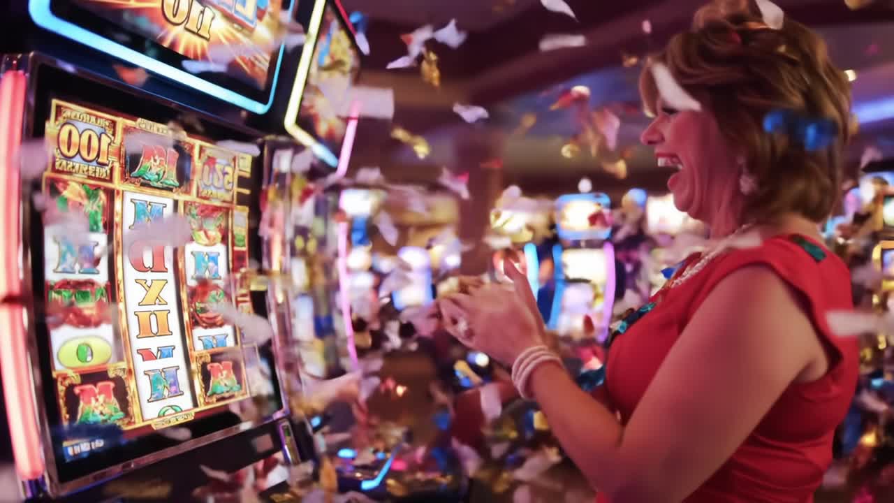 Excitement at the Slots: Capturing the Thrill of Playing Slot Machines in a Vibrant Casino Environment Filled with Colorful Lights and Sounds