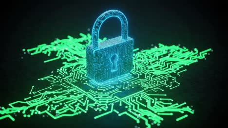 a high-tech representation of digital security: a glowing lock symbolizing protection over circuit patterns in a cybernetic environment