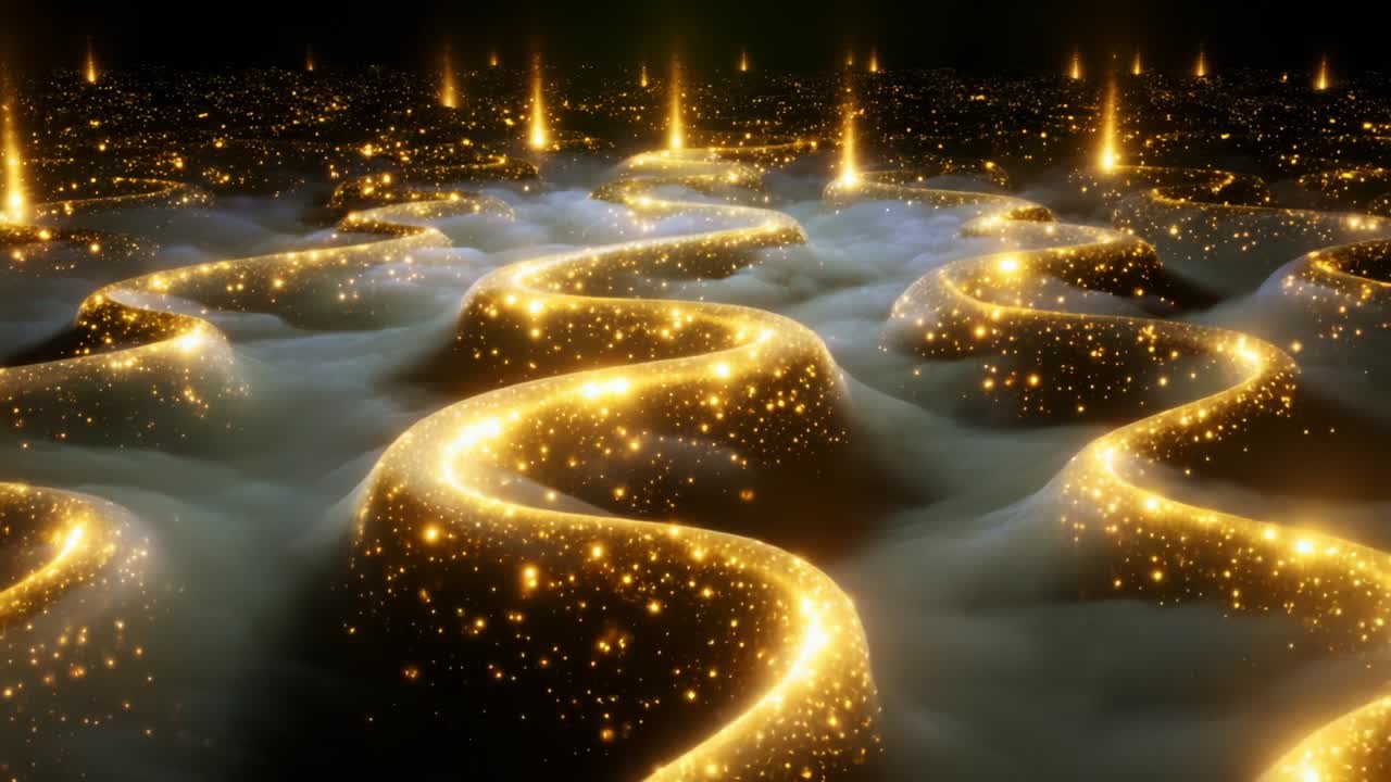 A Mesmerizing Journey Through a Starry Landscape: Glimmering Golden Curves and Twinkles of Light Create a Dreamlike Scene Where Reality Meets the Imagination, Inviting Exploration and Wonder