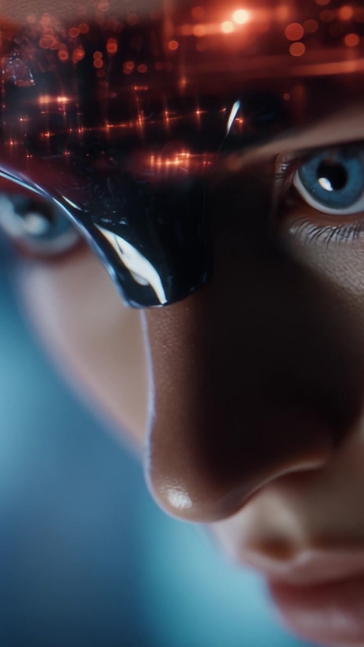 Futuristic Close-Up of a Synthetic Being with Advanced Technology Reflected in Its Eye, Exploring Artificial Intelligence and Human Connection