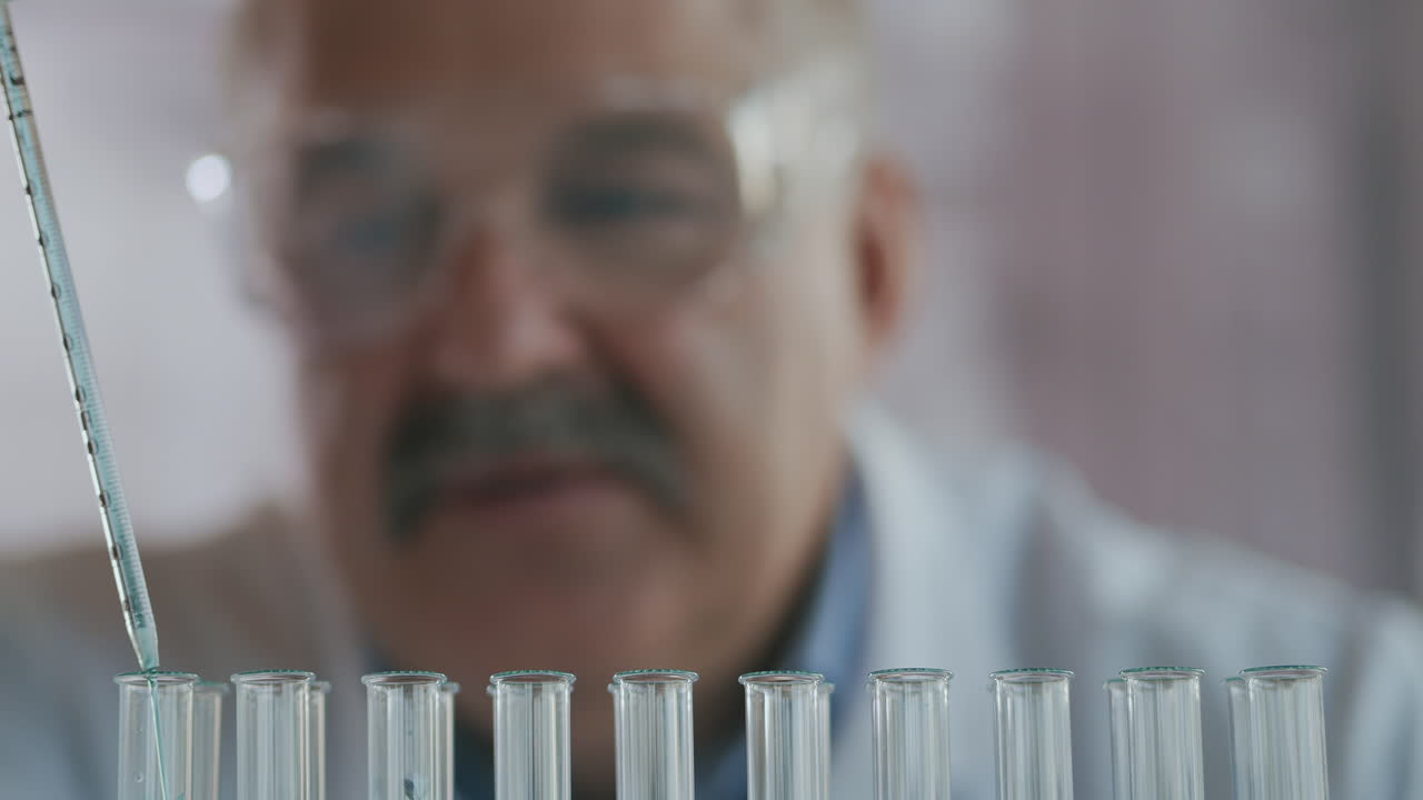 científico gota líquido en un tubo de ensayo y sacudiendo en el laboratorio. pipeta goteando una sustancia química de color en tubos de ensayo. primer plano del hombre de la ciencia trabajando. imágenes de alta calidad 4k