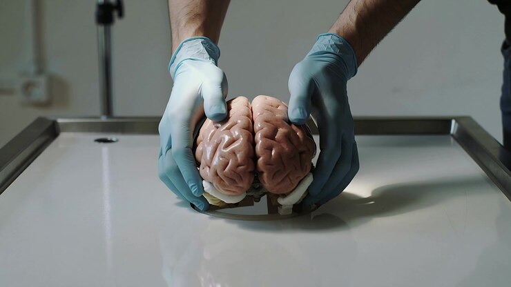 Lowering tech's blue gloves seating brain model into table hole on mounting peg for display