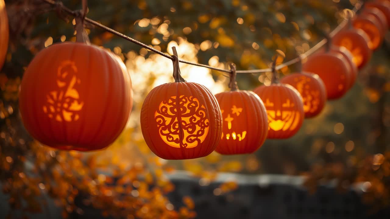 Swaying carved pumpkins on rope in backyard, breeze causing flickering candlelight and amber leaves