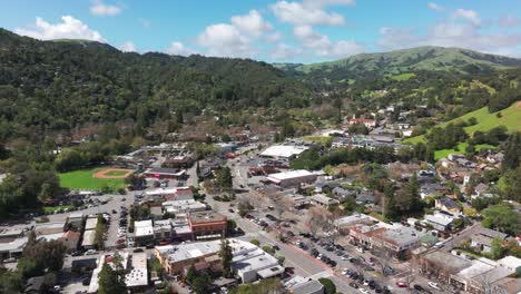 Pull-back-drone-shot-of-a-suburban-city-outside-of-the-Bay-Area-in-California