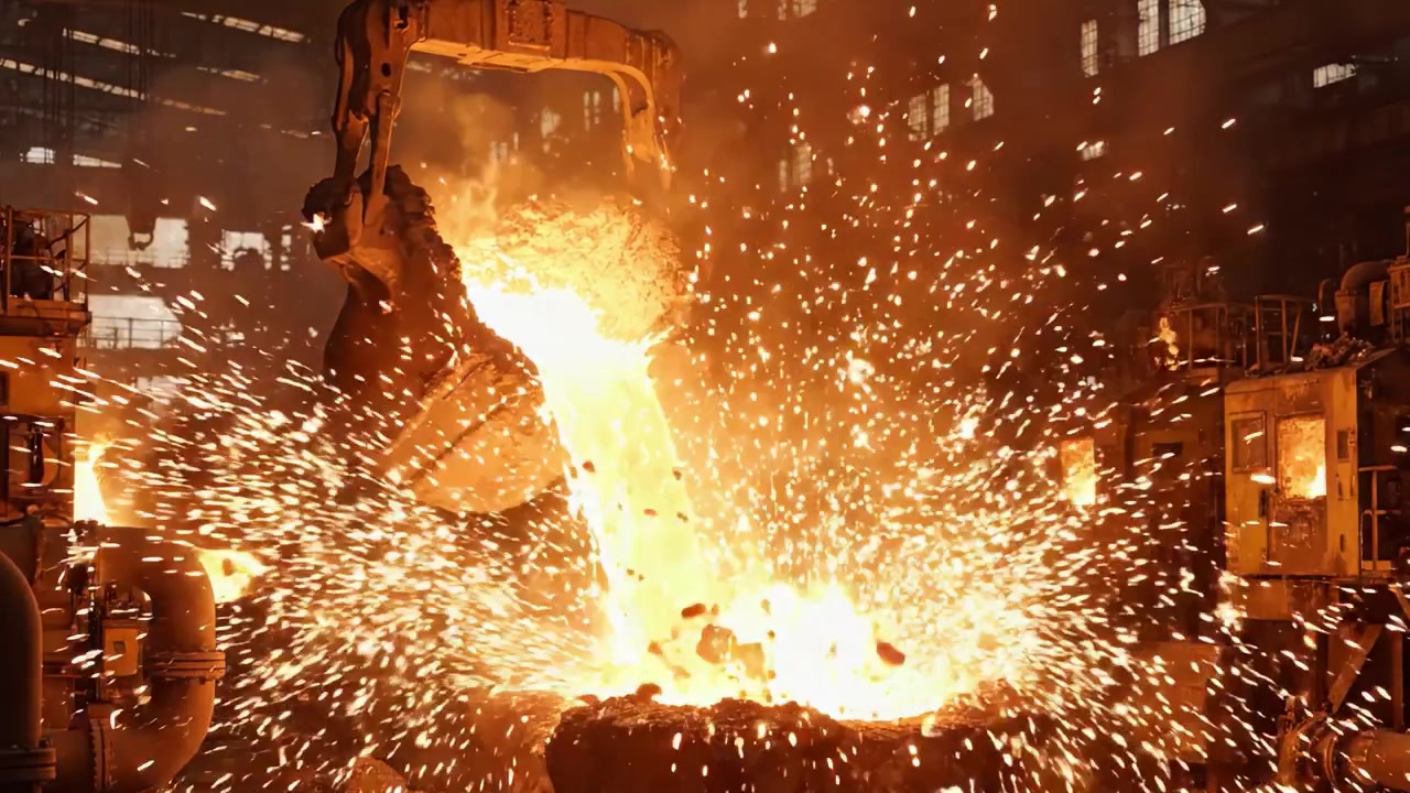 Intensa scena di colata di metallo: acciaio liquido fuso trasferito dalla siviera al forno in un ambiente industriale ad alta temperatura con uno sfondo di forno incandescente.