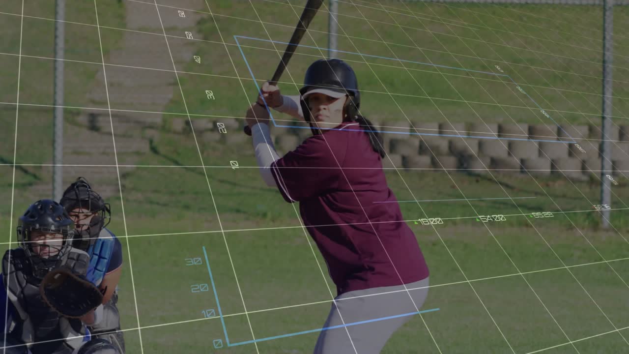 Female batter tracking pitcher pitch, swinging bat and generating animated sports analytics charts
