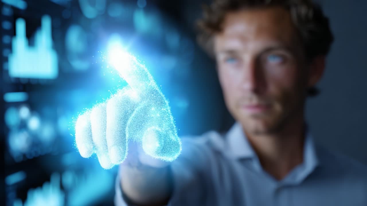 Un uomo interagisce con un display digitale, indicando dati olografici scintillanti che rappresentano tecnologia futuristica e sistemi informativi interattivi
