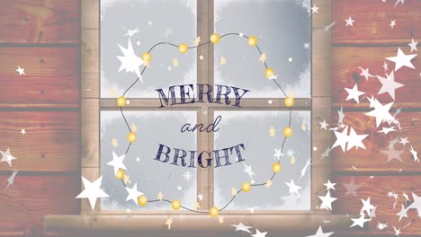 Animation-of-merry-and-bright-text-over-stars,-fairy-lights-and-window-at-christmas