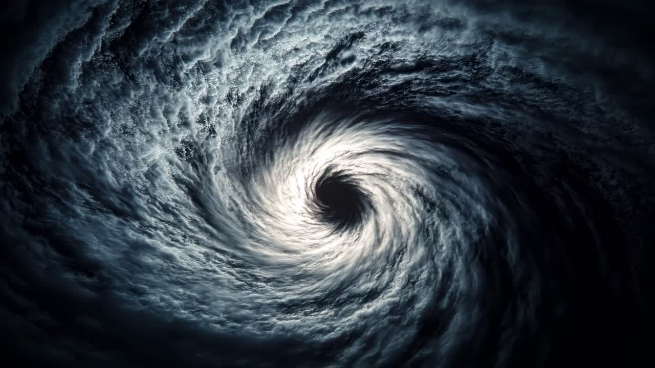 Dramatic top-down video shot of a swirling storm vortex, capturing the dynamic motion and texture