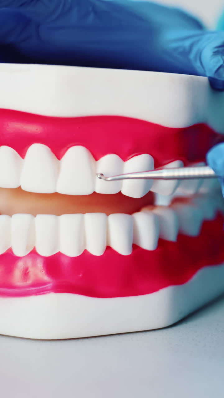 Dentist's Hand in Glove Demonstrating Teeth Cleaning on Dental Model