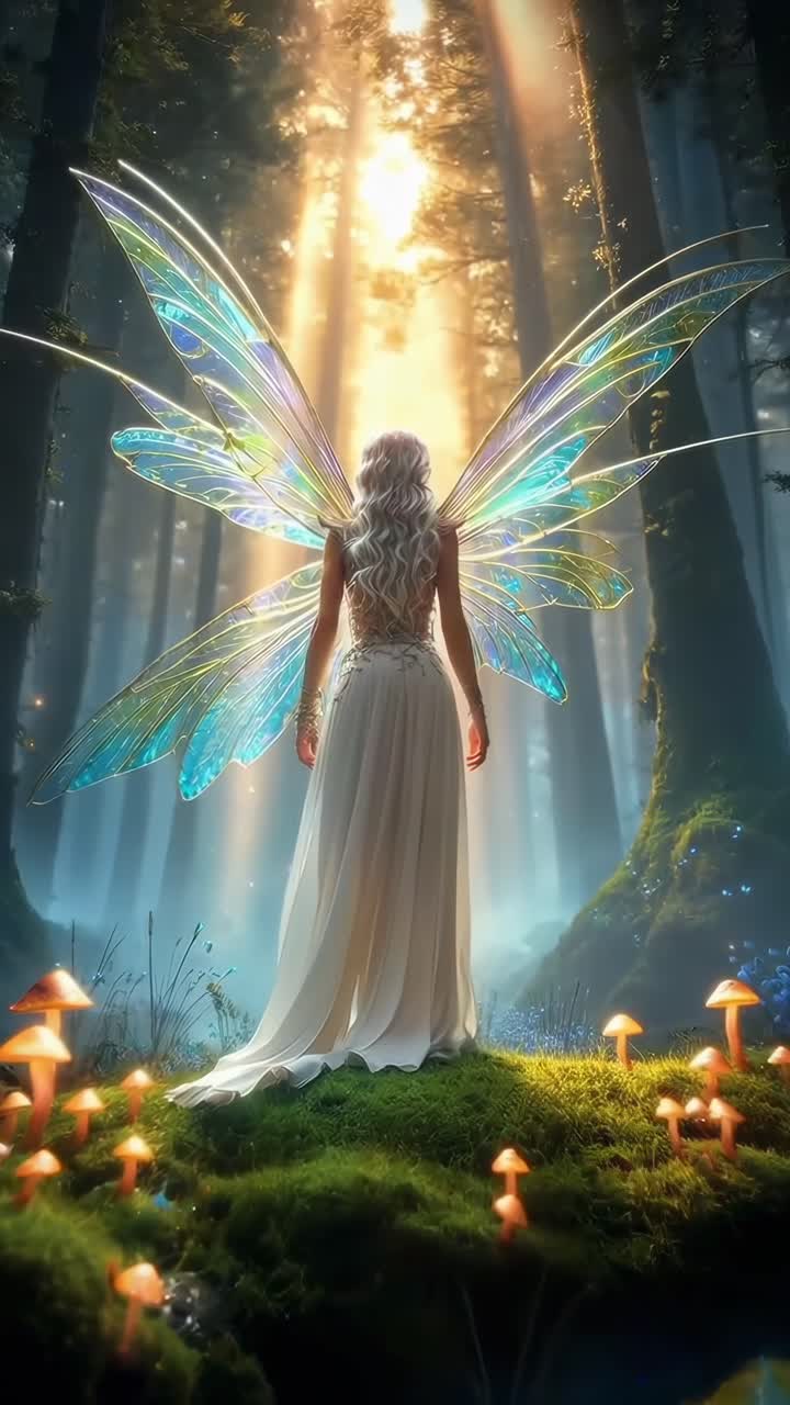 Una fata magica in una foresta illuminata dal sole, ripresa da dietro, come una scena di video fantasy