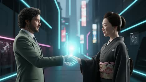 virtual connection: a fusion of tradition and technology in a futuristic urban setting, showcasing the bond between two distinct cultures through a handshake