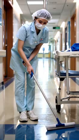 a woman, wearing a medical cleaning uniform, mopping the shiny hospital corridor floor.