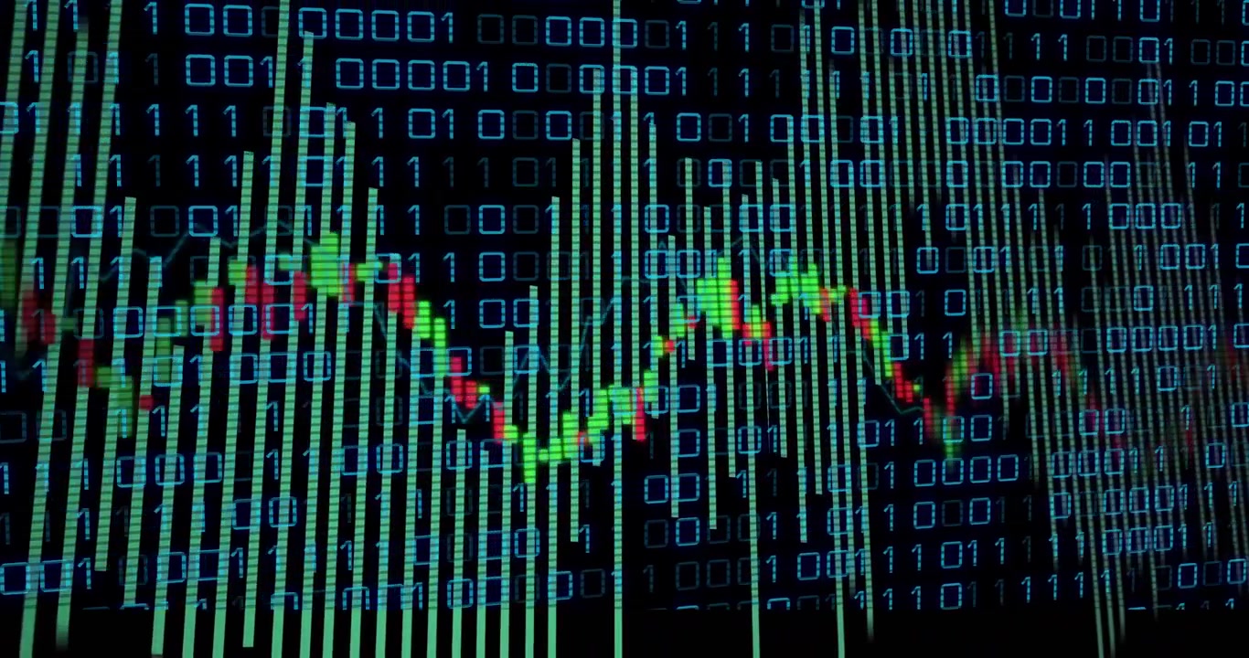 Com a chegada de novos dados, linha de preço e barras verdes oscilando e atualizando, visualizando tendências de mercado.