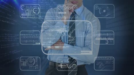 hombre de negocios reflexivo tocando la pantalla con código digital