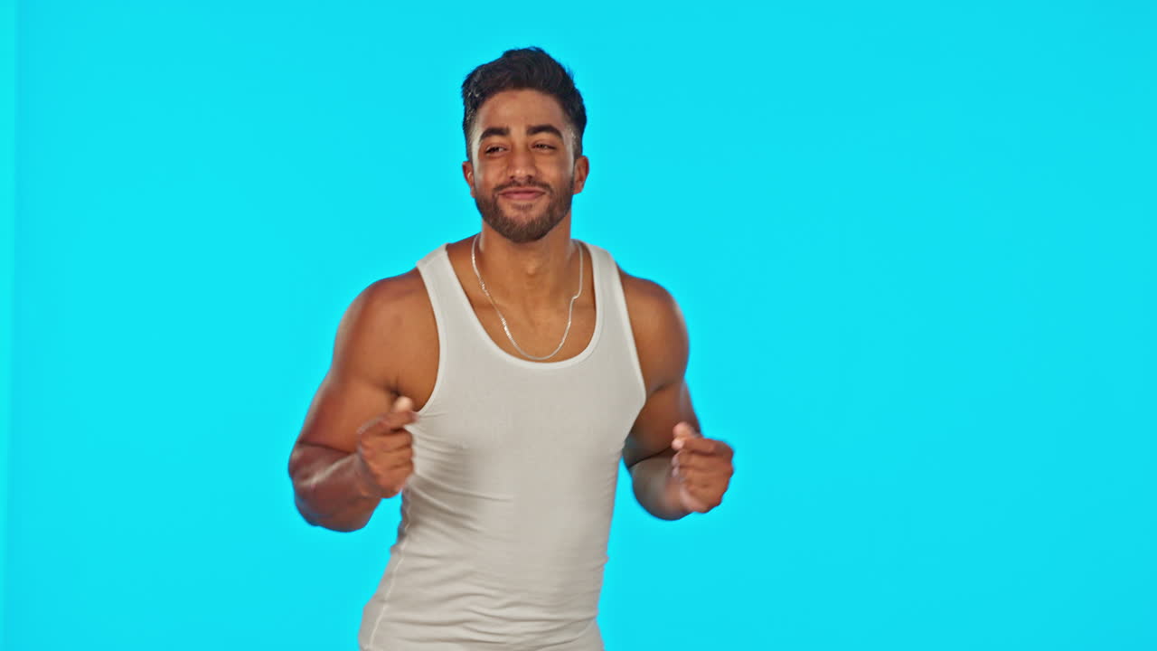 Happy, face and man dancing in a studio to music