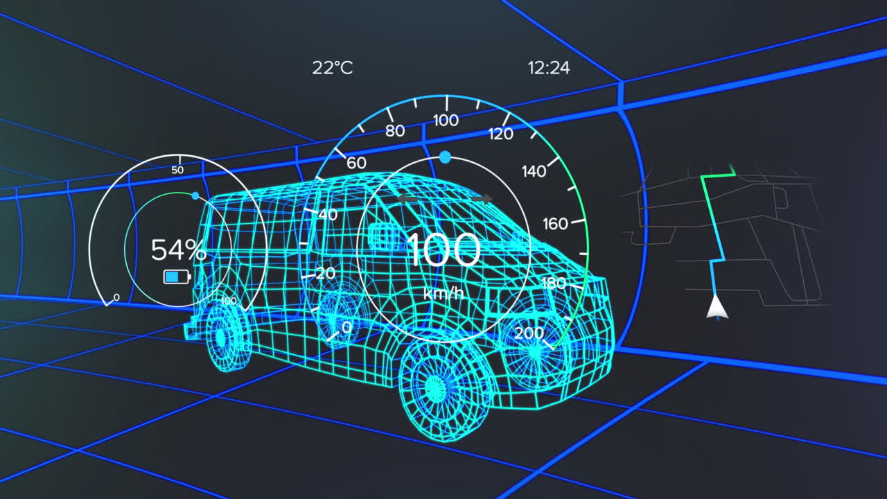 animación del velocímetro, el gps y los datos del estado de carga en la interfaz del vehículo, en un modelo de furgoneta 3d
