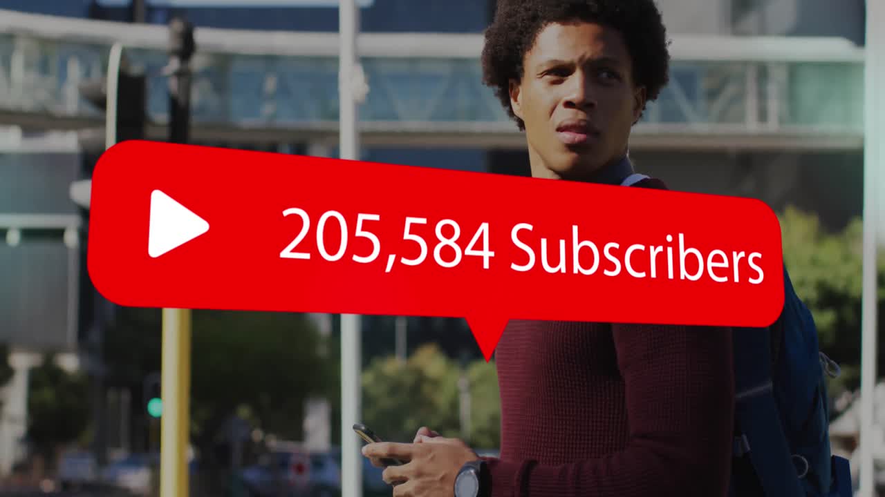 animación de iconos de los medios sobre un hombre afroamericano que usa un teléfono inteligente