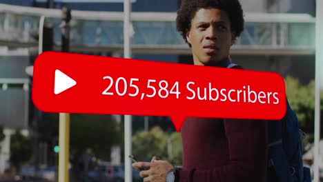 animación de iconos de los medios sobre un hombre afroamericano que usa un teléfono inteligente