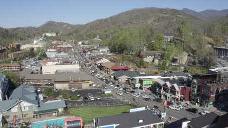 Aerial-Down-Main-Street-of-Gatlinburg,-Tennessee